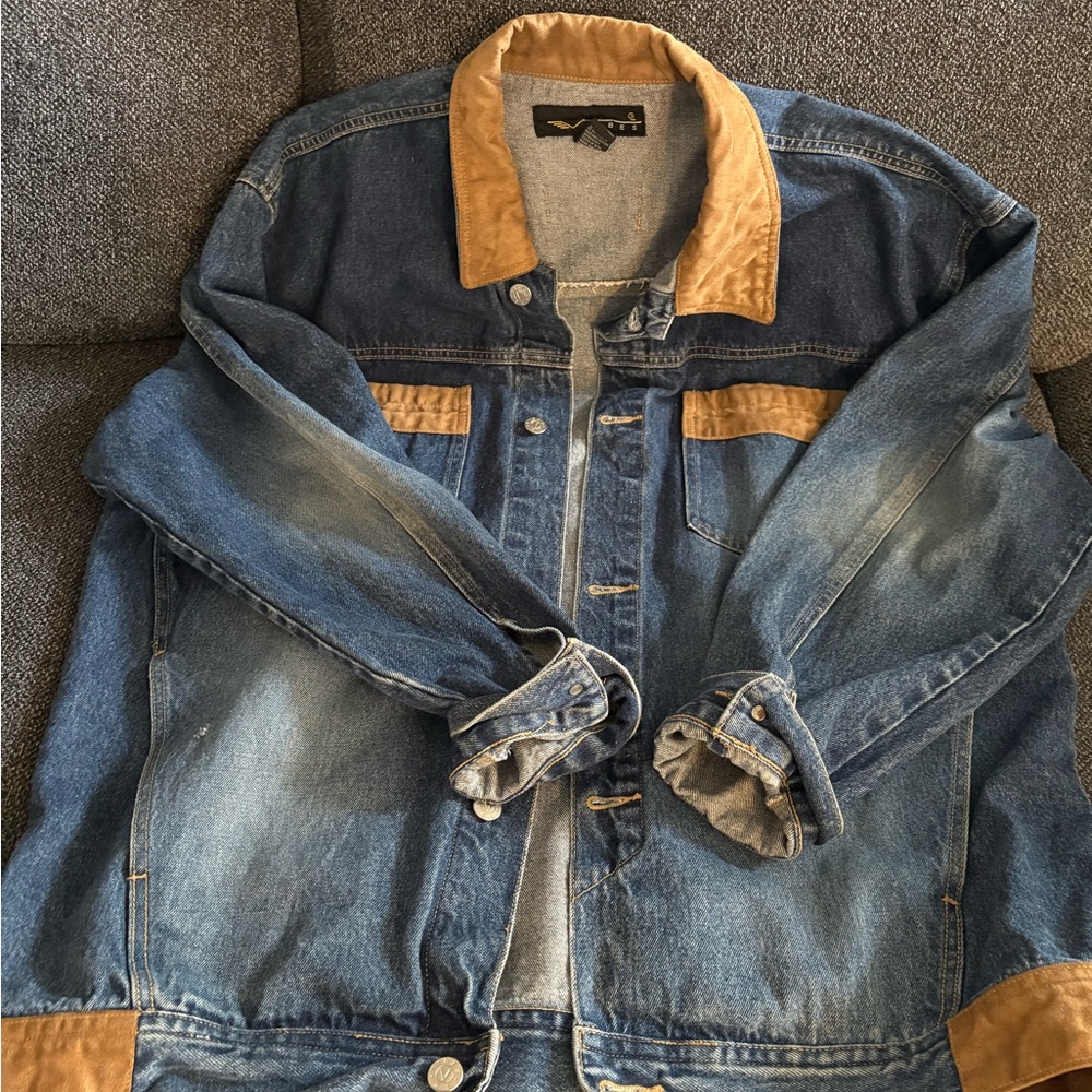 Tan and Blue Lightweight Shirt Jacket with Corduroy Details